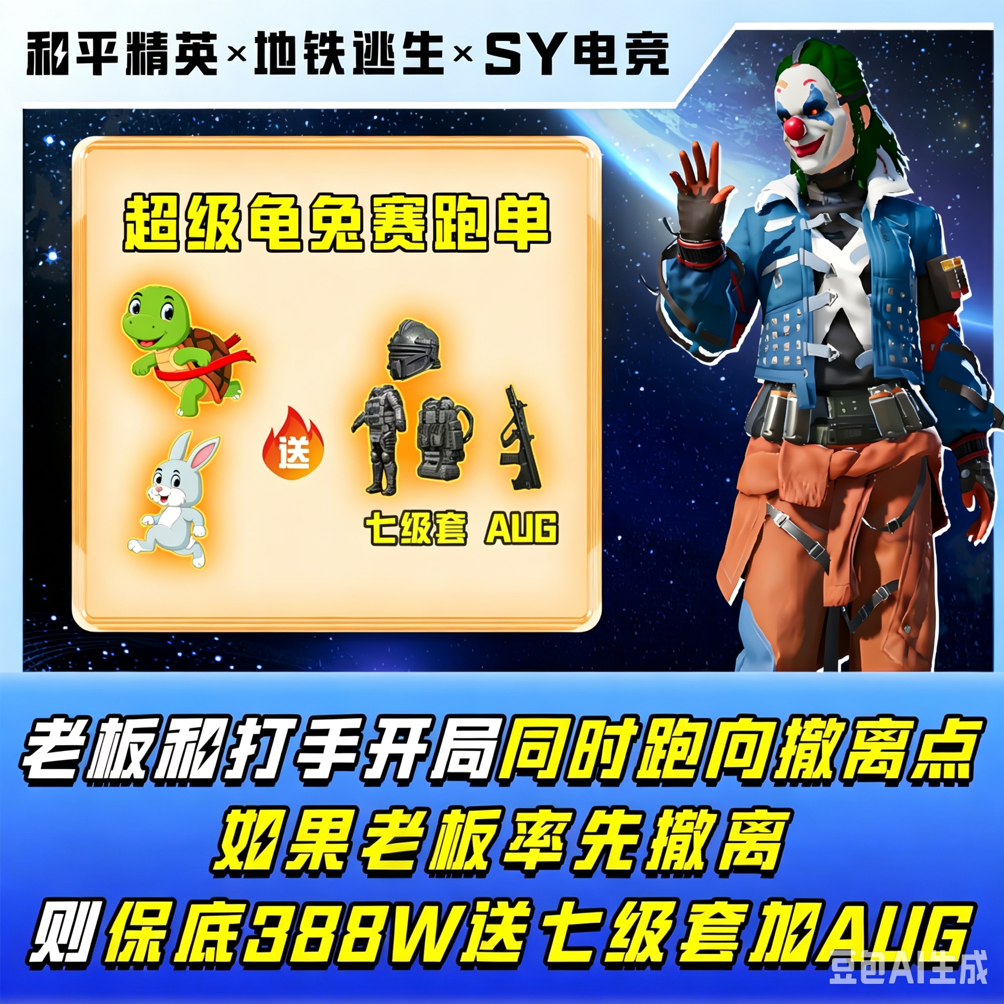 龟兔赛跑单 老板和打手进阶图比赛谁先撤离成功，老板赢了打手保底388W➕七级套➕ AUG（注：开局直接撤离，路上遇到敌人打手不用帮老板，各凭本事撤离，打手和老板必须全局录屏 录屏不完整奖品作废，下单前